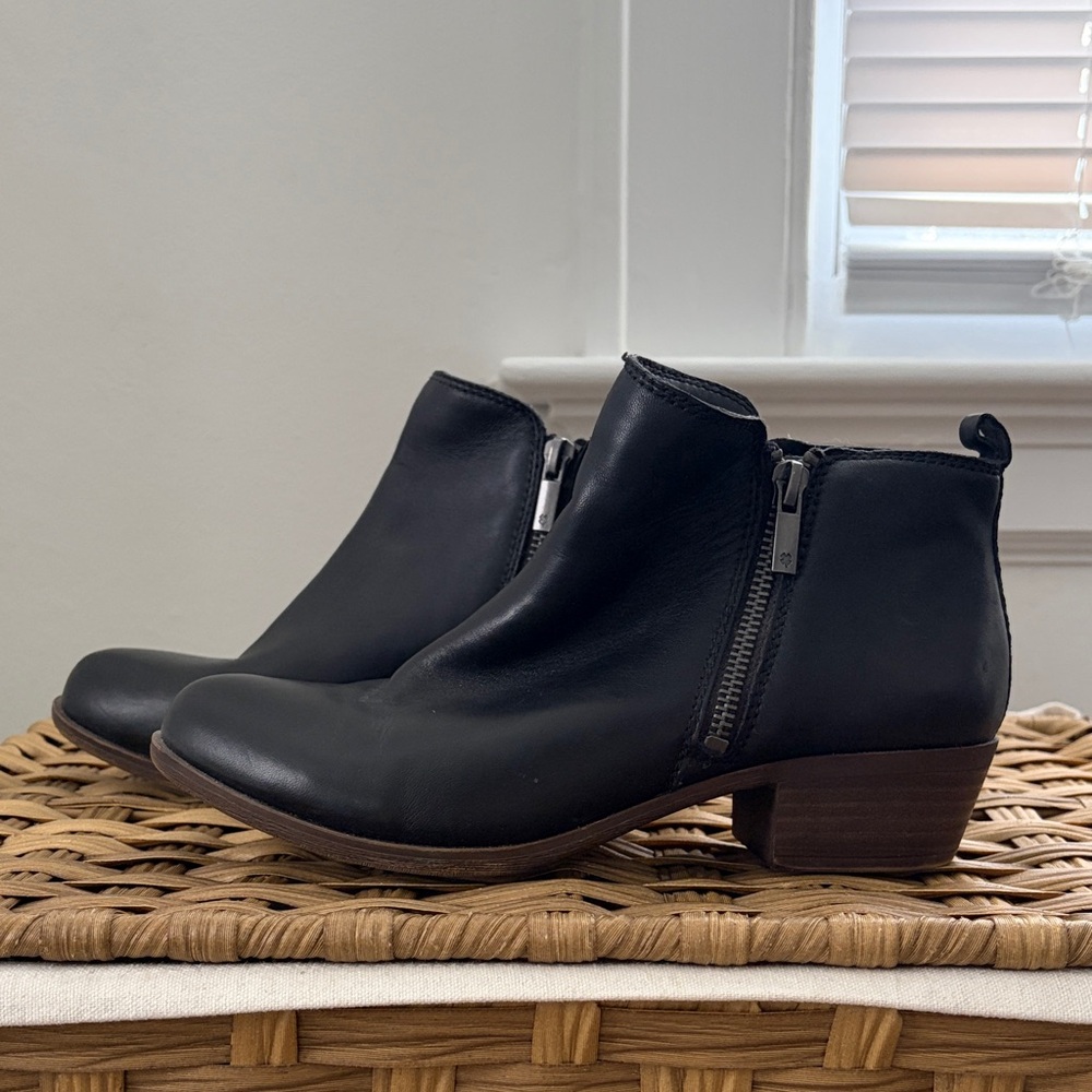 Lucky Brand Women's Black Leather Ankle Boots with Side Zip
